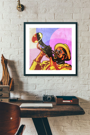 An upbeat and colorful print of New Orleans Jazz Trumpeter Branden Lewis. Bold graphic lines and bright colorful shapes create an energetic portrait of the black musician. 