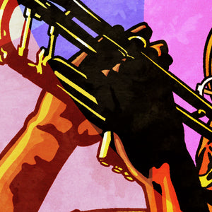 Detail of An upbeat and colorful print of New Orleans Jazz Trumpeter Branden Lewis. Bold graphic lines and bright colorful shapes create an energetic portrait of the black musician. 