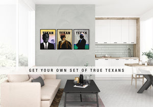 A series of True Texan art prints showing Tommy Lee Jones, Audie Murphy and Tom Landry.