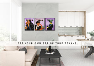 A series of True Texan art prints showing Janis Joplin, Roy Orbison and Michael Nesmith..