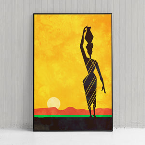 Beautiful primitive art print of an African woman carrying a water jug on the savannah created in a mid-century modern style with bold gold, red, green and black colors.