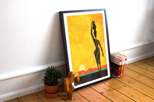Beautiful primitive art print of an African woman carrying a water jug on the savannah created in a mid-century modern style with bold gold, red, green and black colors.