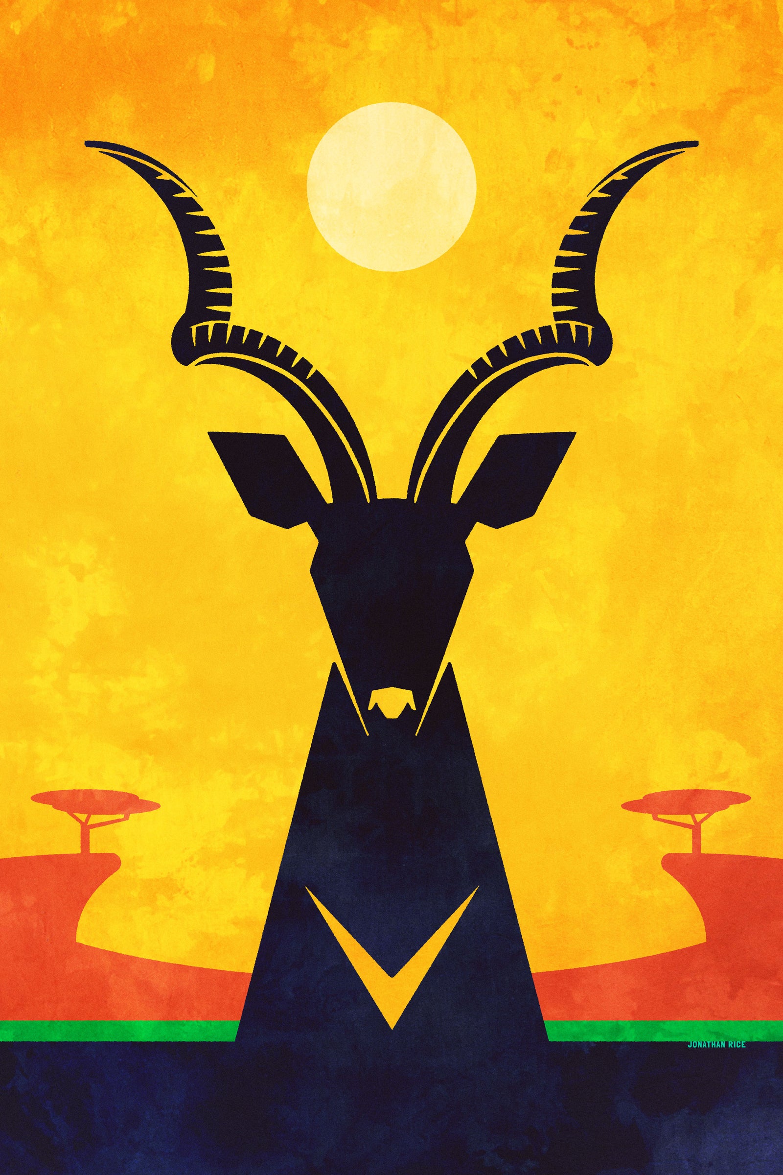 Primitive art print of an African Greater Kudu on the savannah created in a mid-century modern style on the savannah with bold gold, red, green and black colors.