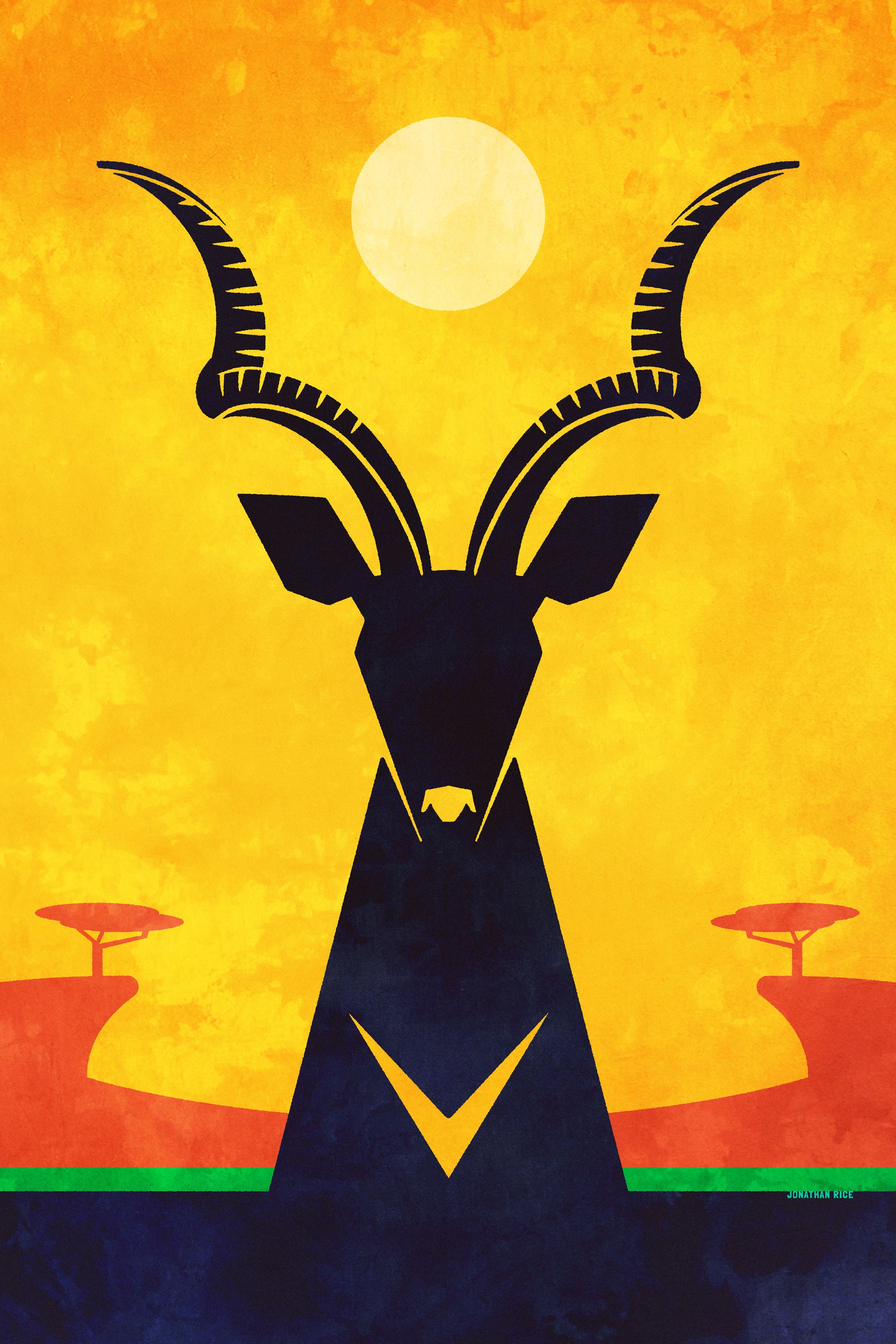 Primitive art print of an African Greater Kudu on the savannah created in a mid-century modern style on the savannah with bold gold, red, green and black colors.