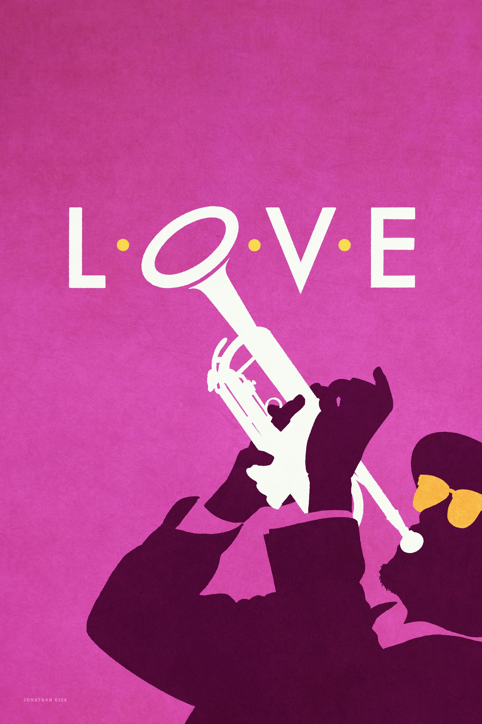 Mid-century style Art Print of a trumpet player with hat and yellow glasses; and the title "L-O-V-E" on a bright magenta background.