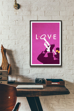 Mid-century style Art Print of a trumpet player with hat and yellow glasses; and the title "L-O-V-E" on a bright magenta background.