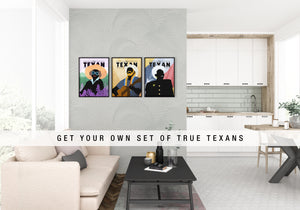 Graphic art prints of True Texans Lady Bird Johnson, Wille Nelson and Gov. Ann Richards on wall.