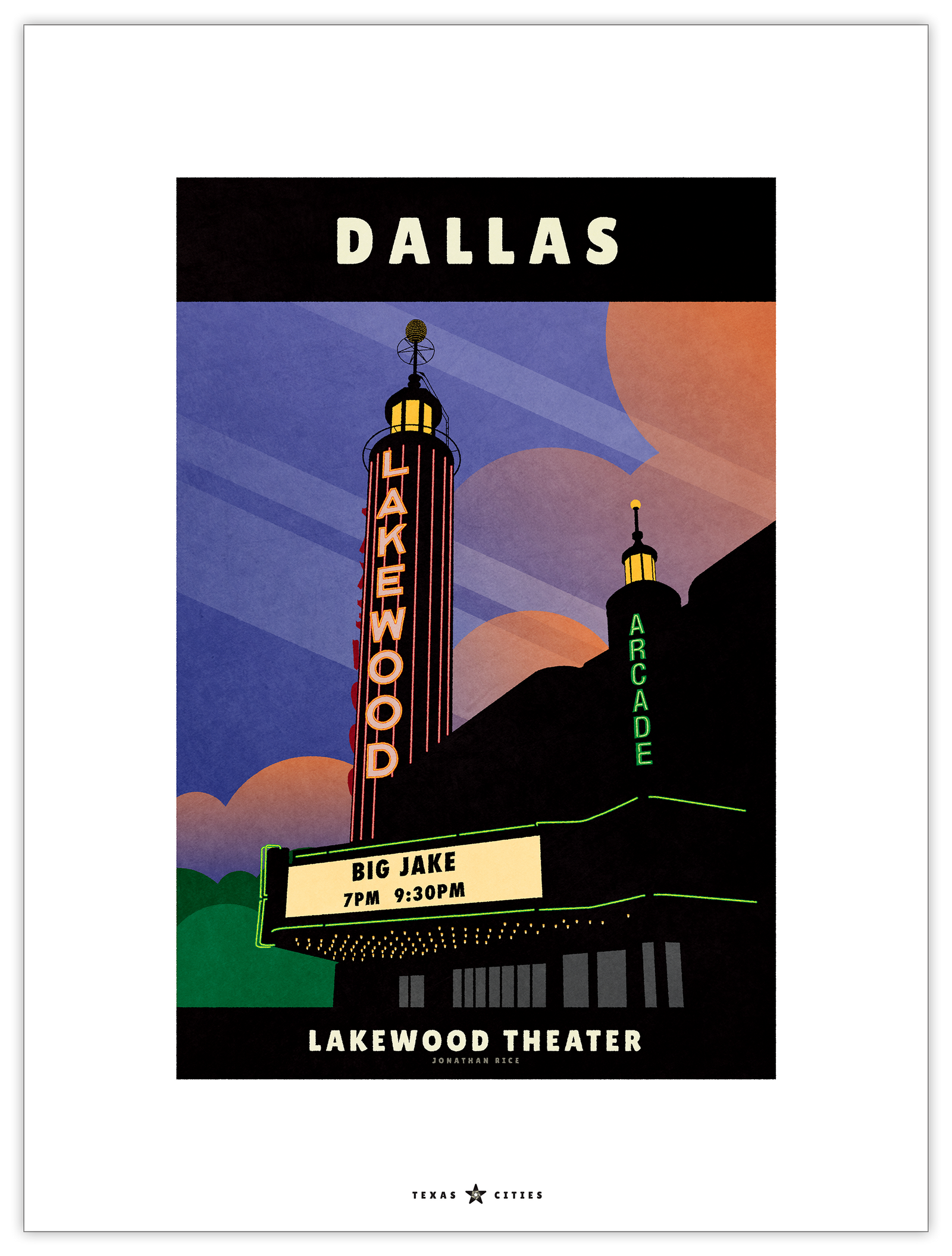 Art print and travel poster of the art deco Lakewood Movie Theater in Dallas, Texas featuring a neon sign and movie marque and stunning night sky.