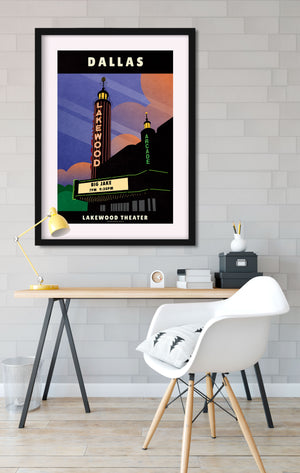 Art print and travel poster of the art deco Lakewood Movie Theater in Dallas, Texas featuring a neon sign and movie marque and stunning night sky.