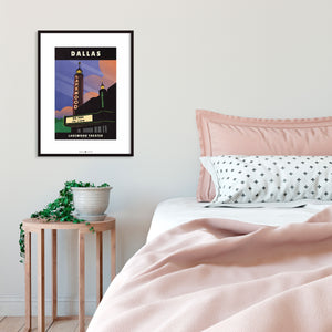 Art print and travel poster of the art deco Lakewood Movie Theater in Dallas, Texas featuring a neon sign and movie marque and stunning night sky.