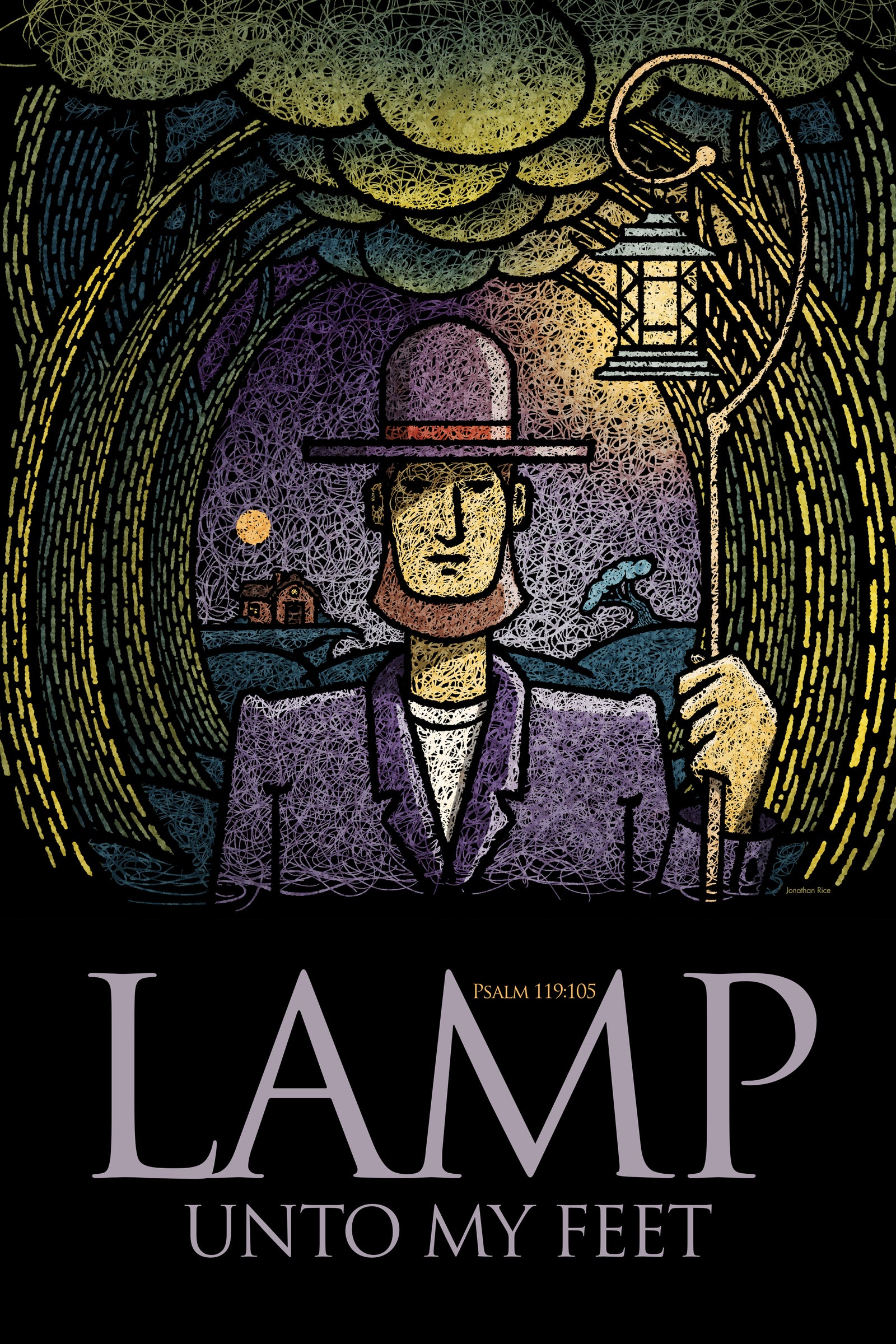 Graphic art print of a the good shepherd with a lamp in the woods titled "Lamp Unto My Feet".