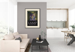 Graphic art print of a the good shepherd with a lamp in the woods titled "Lamp Unto My Feet".