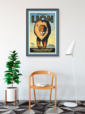 Vintage style humorous African Lion art print with bold typography and graphics inspired by old travel, and wildlife posters of the 1930s 40s and 50s. Print shows a Lion on the African grasslands with mountains in the background. 