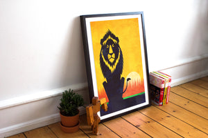 Beautiful primitive Art print of an African Lion on the savannah created in a mid-century modern style with bold gold, red, green and black colors.