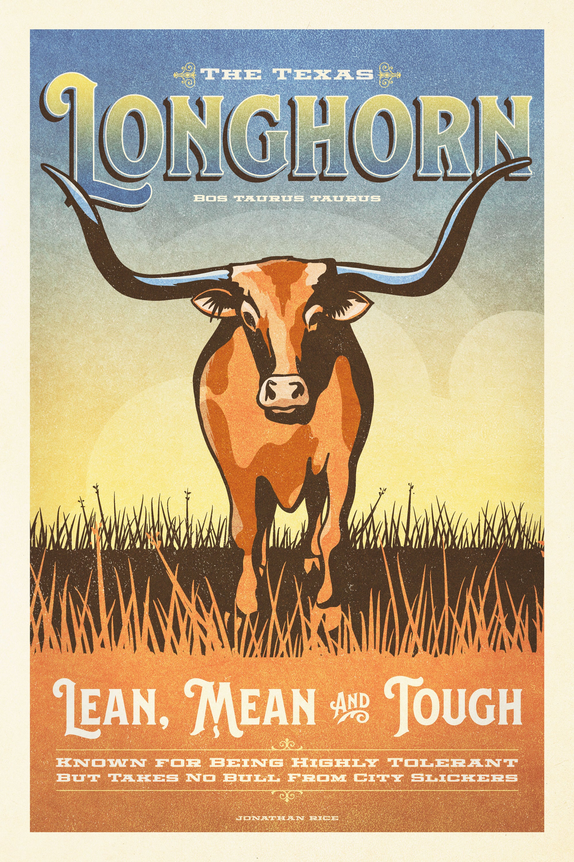 Vintage style humorous Longhorn art print with ornate typography inspired by old travel, national parks and wildlife posters.