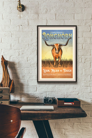 Vintage style humorous Longhorn art print with ornate typography inspired by old travel, national parks and wildlife posters.