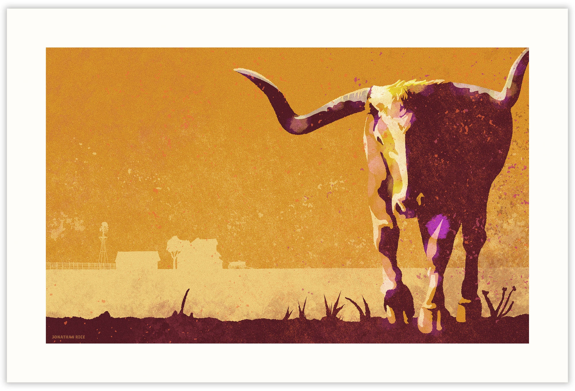 Modern style giclée art print of a longhorn in the field behind a farmhouse. It is brightly colored, yet has gritty texture overall. There is farmhouse, barn and windmill in the background