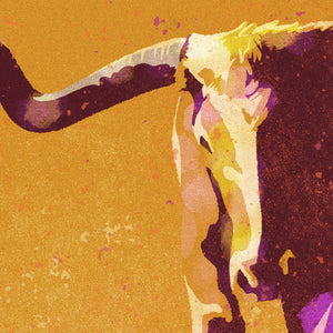 Detail of Modern style giclée art print of a longhorn in the field behind a farmhouse. It is brightly colored, yet has gritty texture overall. There is farmhouse, barn and windmill in the background