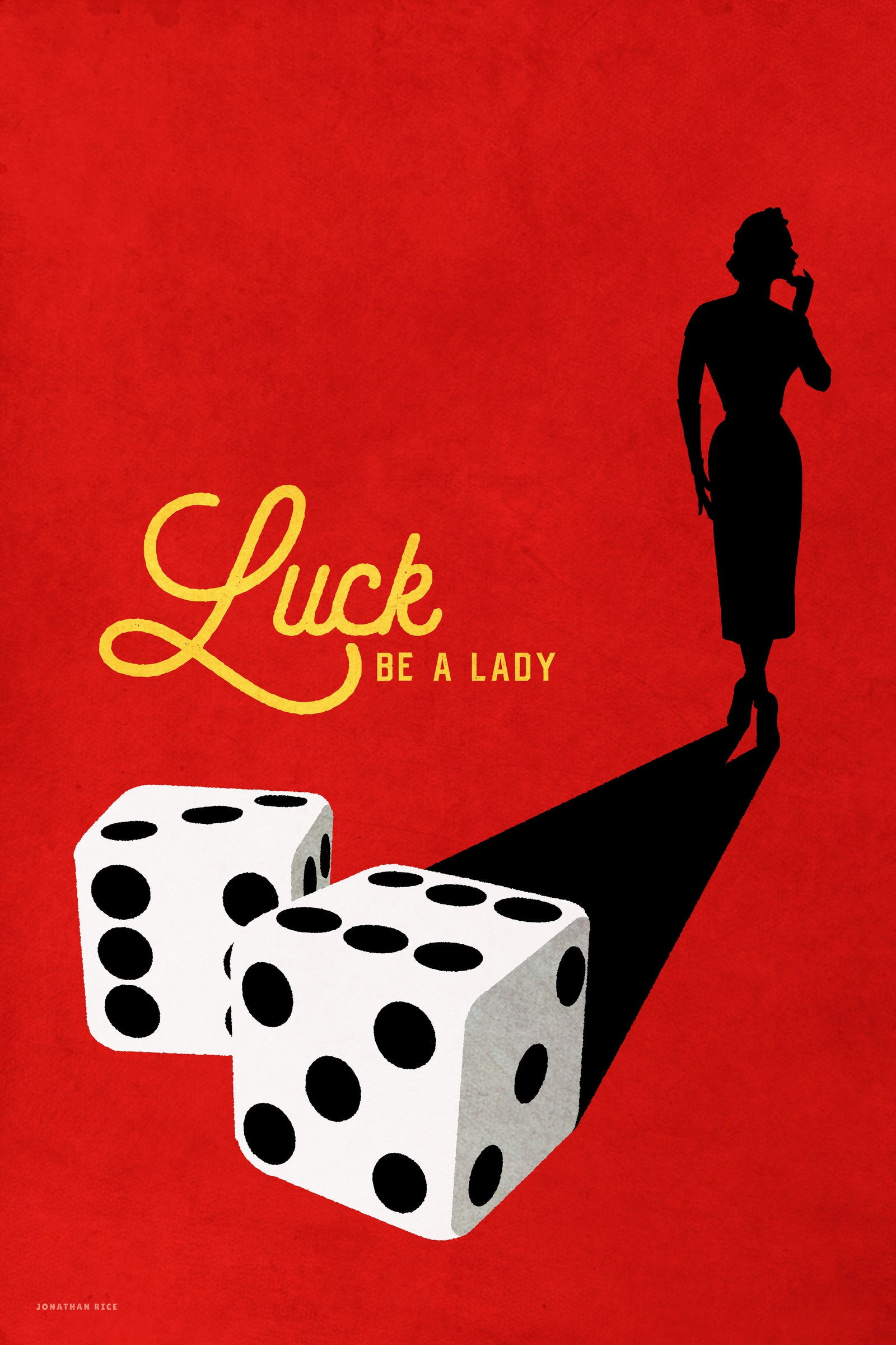 Mid-century style Art Print of a pair of dice casting the shadow of a lovely woman on a rich red background with the title "Luck Be A Lady".