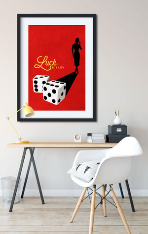 Mid-century style Art Print of a pair of dice casting the shadow of a lovely woman on a rich red background with the title "Luck Be A Lady".