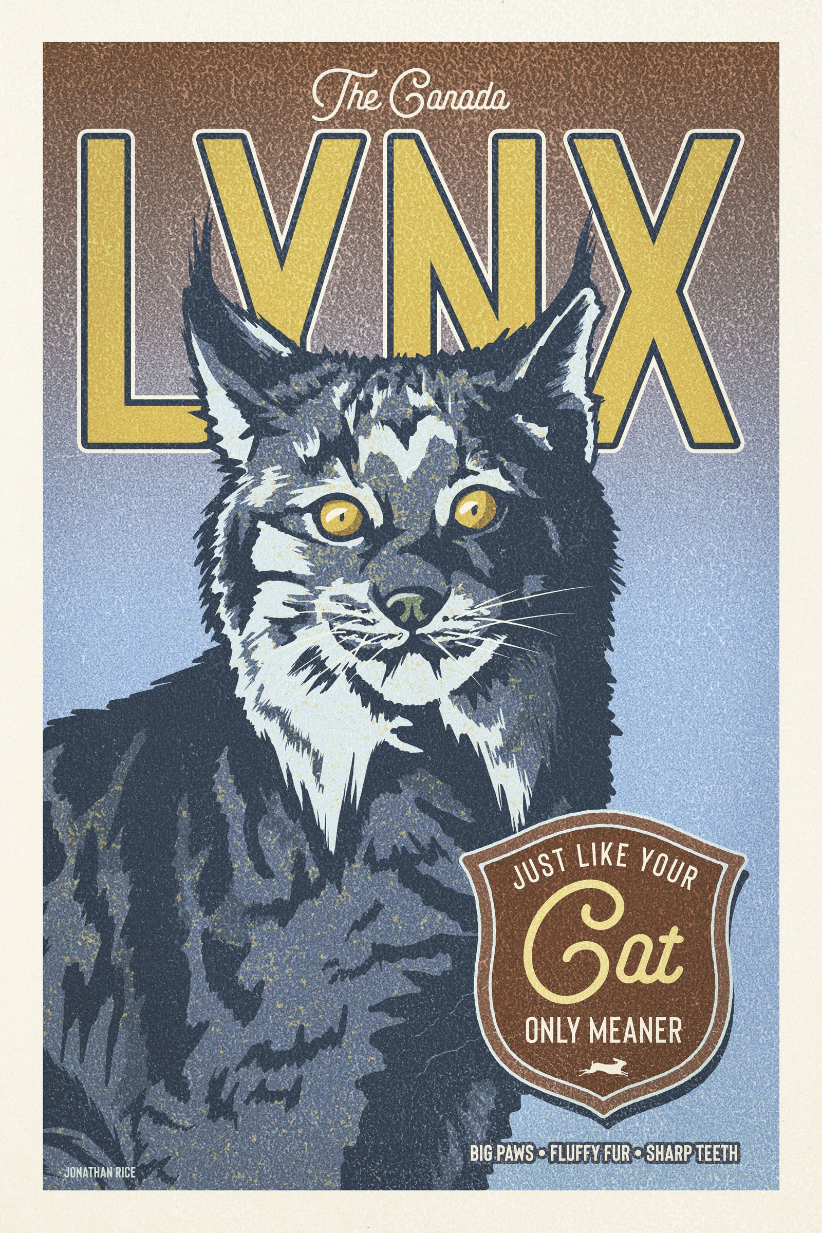 Vintage style humorous Canadian Lynx art print with ornate type inspired by old travel, national parks and wildlife posters.