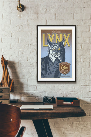 Vintage style humorous Canadian Lynx art print with ornate type inspired by old travel, national parks and wildlife posters.
