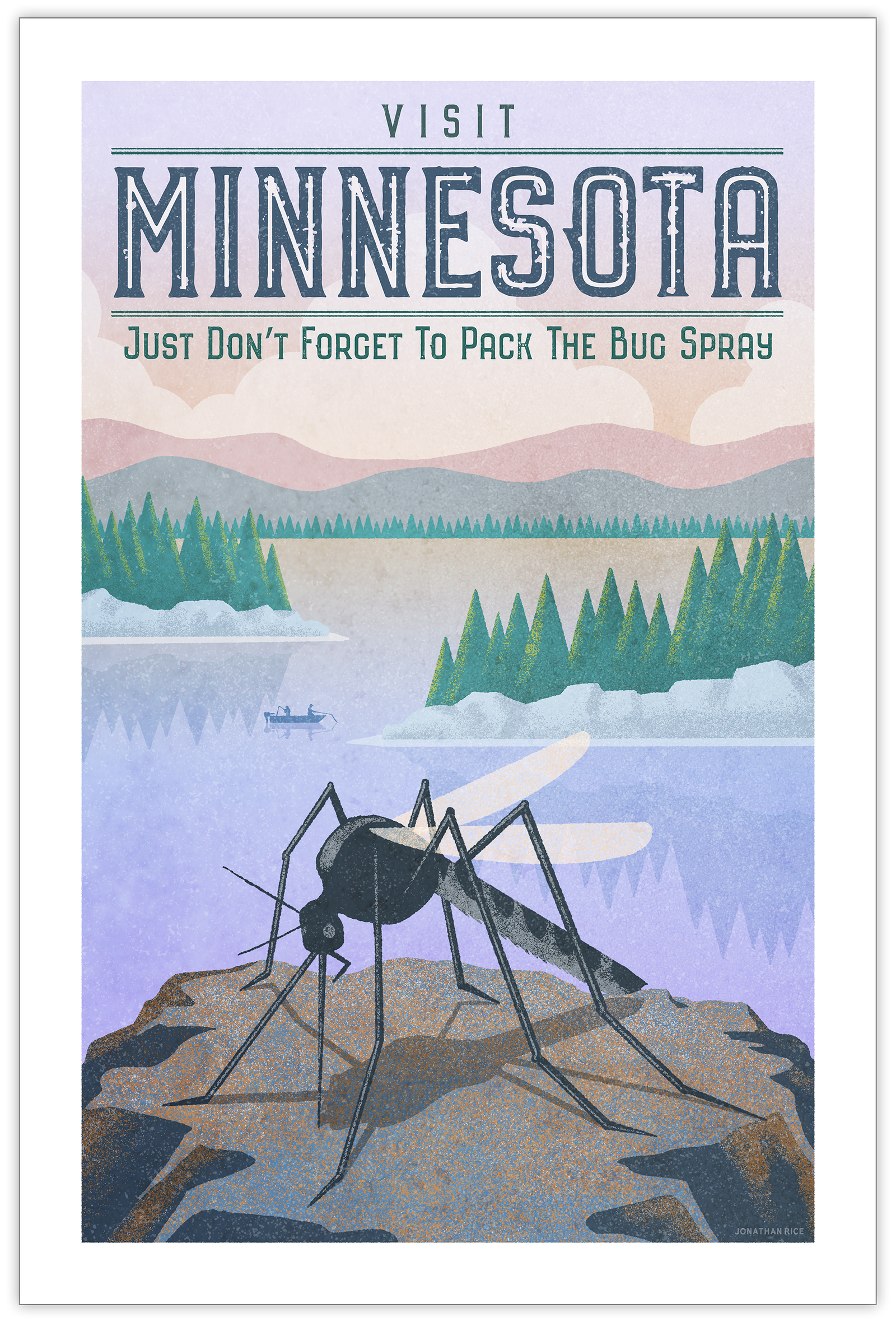 Funny travel poster of Minnesota with lakes, trees, mountains and a big mosquito.