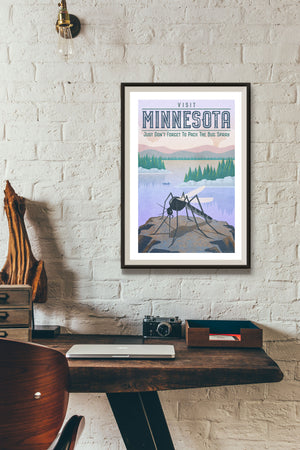 Funny travel poster of Minnesota with lakes, trees, mountains and a big mosquito.