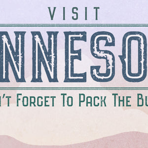 Funny travel poster of Minnesota with lakes, trees, mountains and a big mosquito.