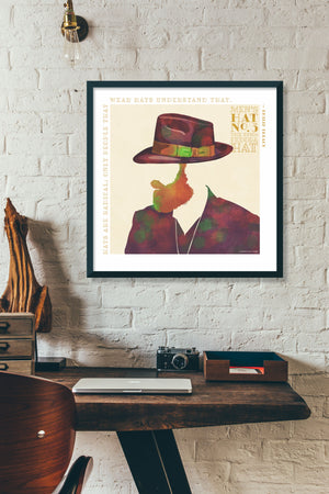 Colorful portrait of a man’s hat with a quote from the famous Irish haymaker Philip Treacy — “Hats are radical; only people that wear hats understand that.” Bold graphic shapes in bright colors combined with sophisticated typography and intriguing negative space creates a compelling art piece