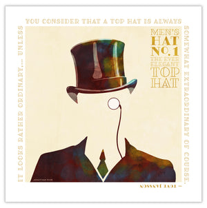 Colorful portrait of a man’s cowboy hat with a quote from the famous Finnish author and artist/illustrator Tove Jansson — “It looks rather ordinary… Unless you consider that a top hat is always somewhat extraordinary, of course.” Bold graphic shapes in bright colors combined with sophisticated typography and intriguing negative space creates a compelling art piece