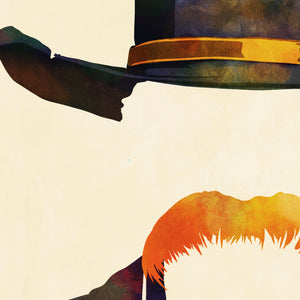 Detail of Colorful portrait of a man’s cowboy hat with a quote from the famous American author James A. Michener — “First buy a cowboy hat and boots. Then you're on your way to being a Texan.” Bold graphic shapes in bright colors combined with sophisticated typography and intriguing negative space creates a compelling art piece
