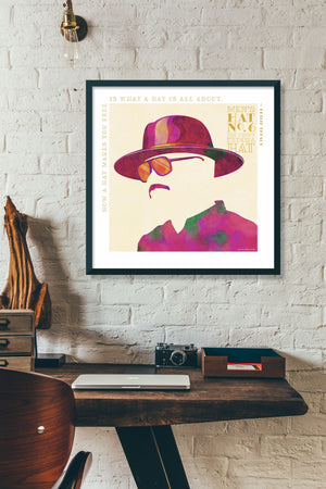 Colorful portrait of a funky fedora hat with a quote from London milliner Philip Treacy — “How a hat makes you feel is what a hat is all about.” Bold graphic shapes in bright colors combined with sophisticated typography and intriguing negative space creates a compelling art piece.