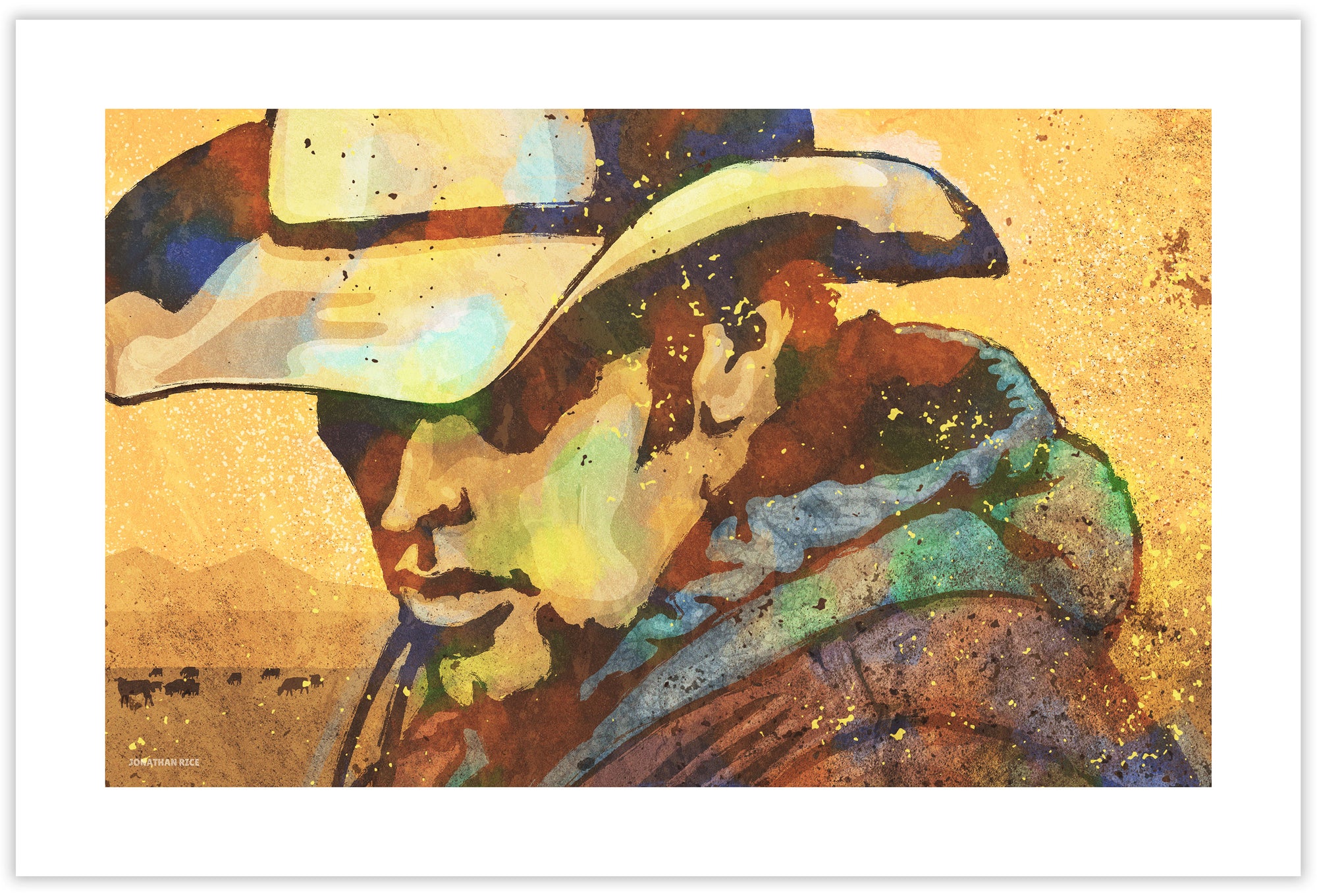 Modern style giclée art print of a melancholy marverick (cowboy) on the range. It is brightly colored, yet has gritty texture overall. There are cows and mountains in the background.