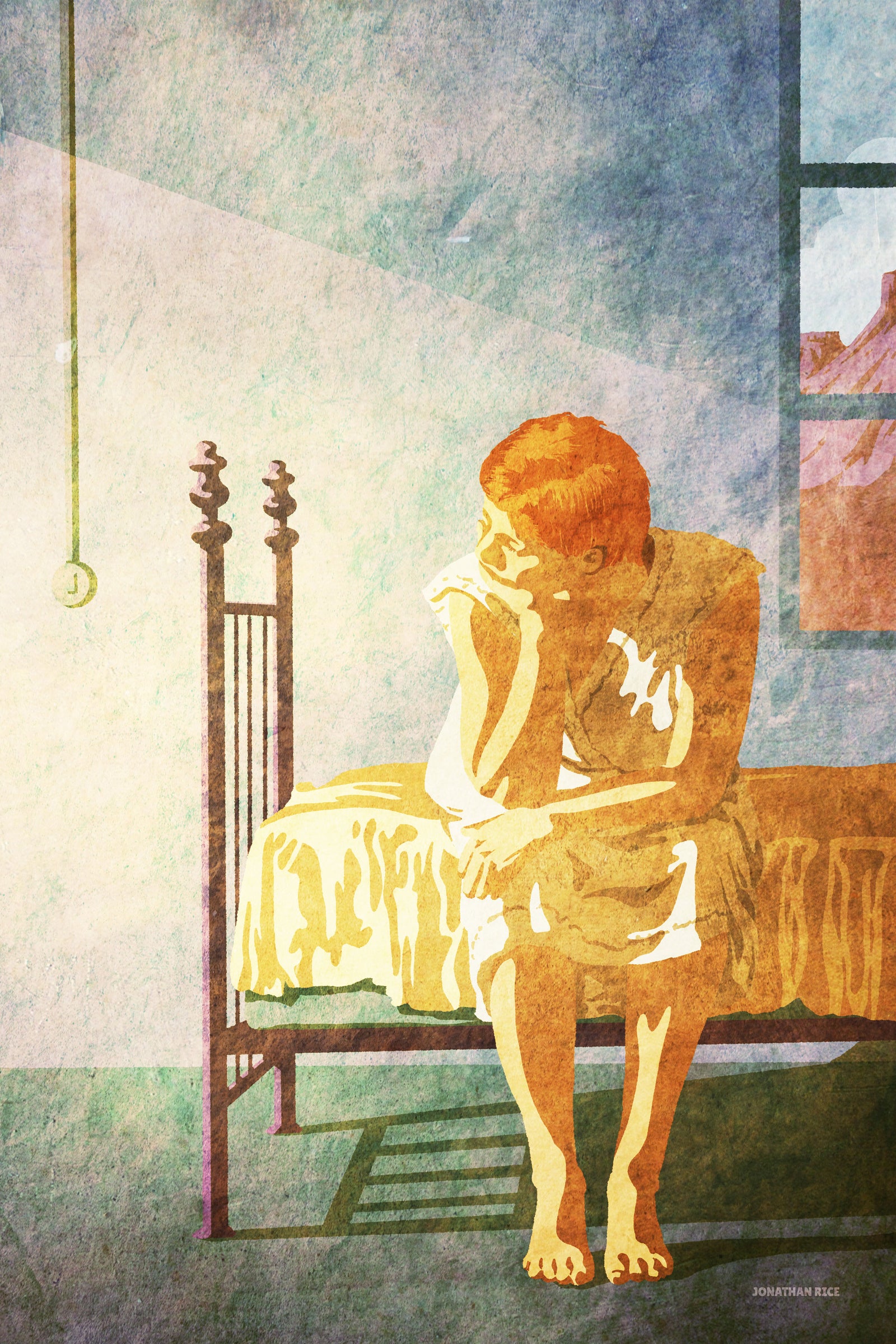 Giclee art print of vintage style portrait of a young woman sitting on bedwith morning light shining through window.