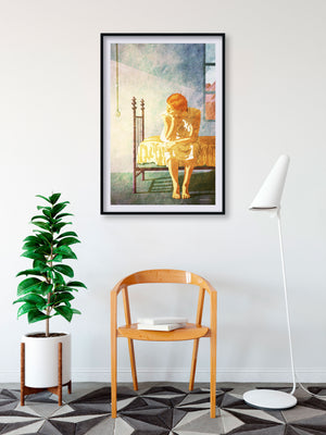 Giclee art print of vintage style portrait of a young woman sitting on bedwith morning light shining through window.
