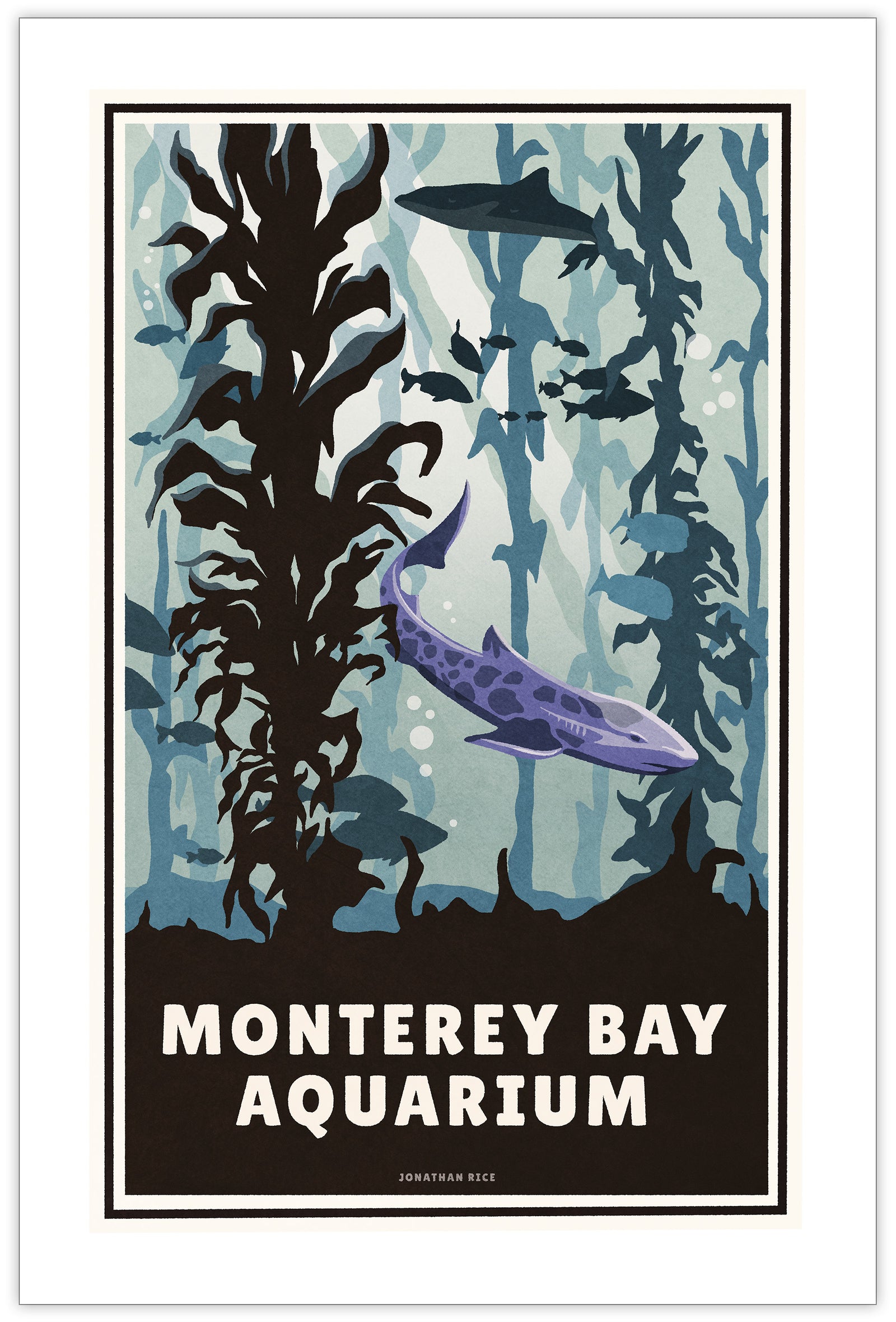 A retro style giclée art print of the Monterey Bay Aquarium in California. It has the words “Monterey Bay Aquarium” on the bottom. The print primarily is in bold aquas and purples with sharks and fish in the kelp forrest exhibit.