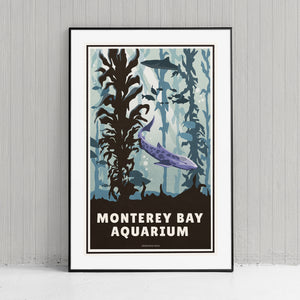 A retro style giclée art print of the Monterey Bay Aquarium in California. It has the words “Monterey Bay Aquarium” on the bottom. The print primarily is in bold aquas and purples with sharks and fish in the kelp forrest exhibit.