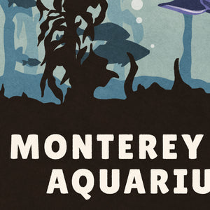 Detail of A retro style giclée art print of the Monterey Bay Aquarium in California. It has the words “Monterey Bay Aquarium” on the bottom. The print primarily is in bold aquas and purples with sharks and fish in the kelp forrest exhibit.