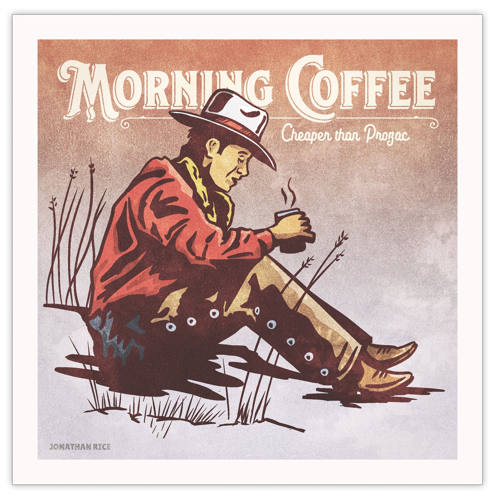 Bold graphic giclée art print of a Cowboy drinking coffee with the words “Morning Coffee”. Print is an ink portrait, with color, of a cowboy seated on the grounded with a cup of coffee in hand. 