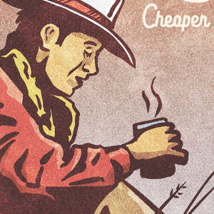 Detail of Bold graphic giclée art print of a Cowboy drinking coffee with the words “Morning Coffee”. Print is an ink portrait, with color, of a cowboy seated on the grounded with a cup of coffee in hand. 