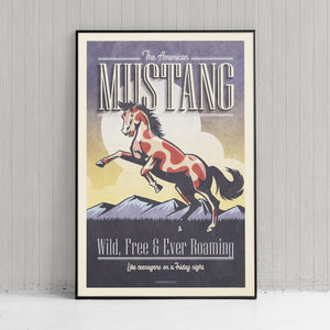 Vintage style humorous American Mustang art print with ornate typography and graphics inspired by old travel, and wildlife posters of the 1930s 40s and 50s. Print shows a paint mustang horse rearing on hind legs with mountains in the background.