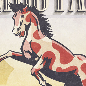 Detail of Vintage style humorous American Mustang art print with ornate typography and graphics inspired by old travel, and wildlife posters of the 1930s 40s and 50s. Print shows a paint mustang horse rearing on hind legs with mountains in the background.