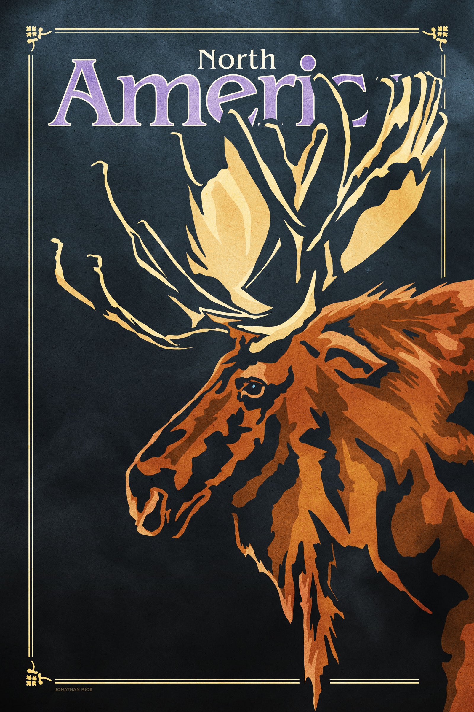 Bold graphic giclée art print of a North American Moose. Print shows a North American Moose blending into a dark gray Bluegreen background and overlapping the words “North America”.