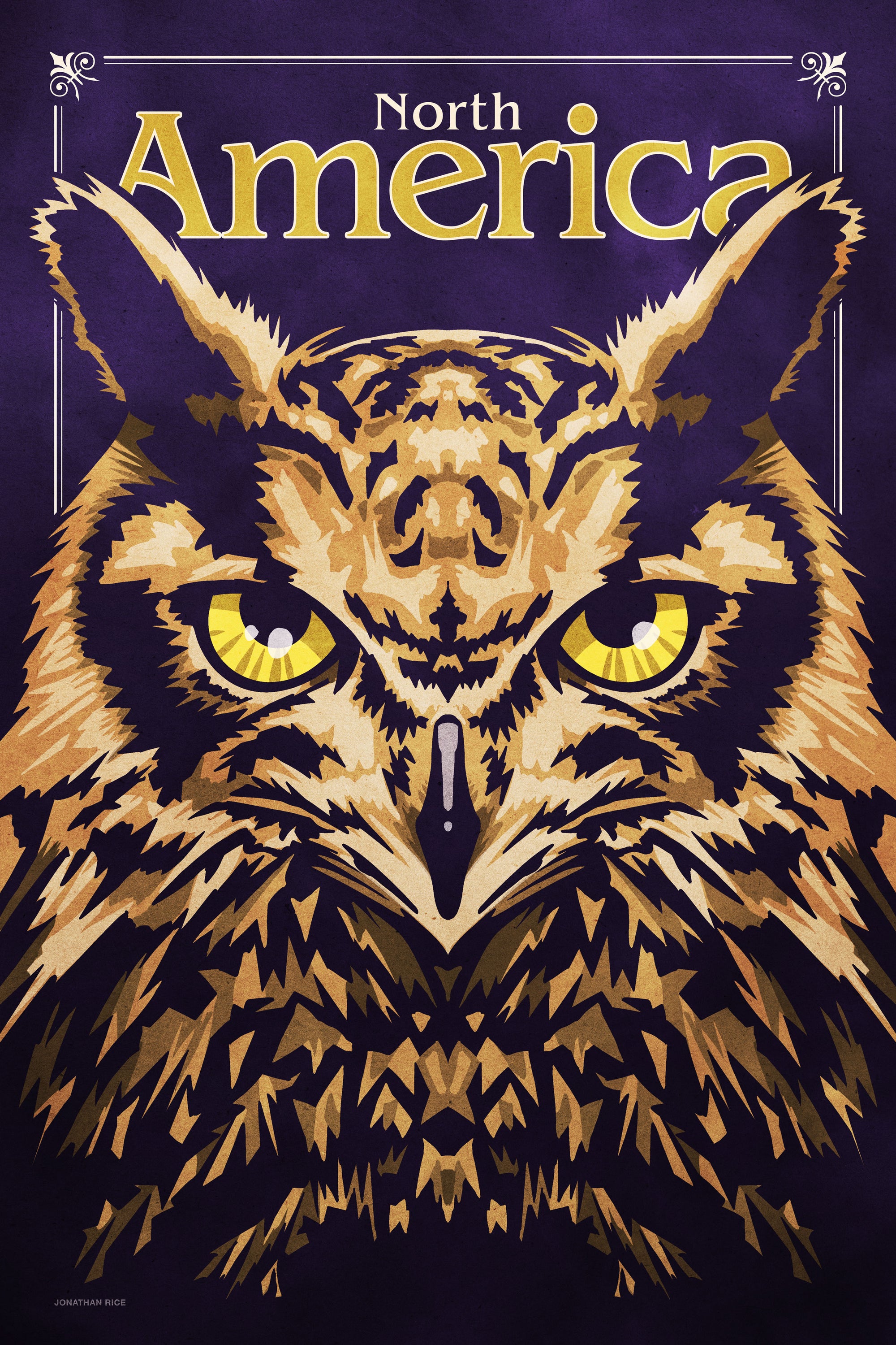 Bold graphic giclée art print of a North American Great Horned Owl. Print shows a North American Great Horned Owl blending into a dark blue background and overlapping the words “North America”.
