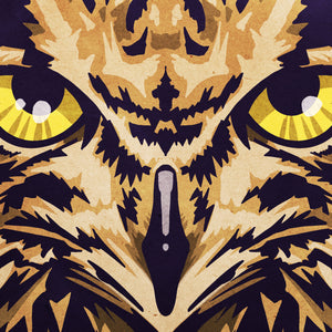 Detail of Bold graphic giclée art print of a North American Great Horned Owl. Print shows a North American Great Horned Owl blending into a dark blue background and overlapping the words “North America”.