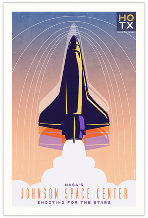 Bold graphic giclée art print of the Space Shuttle rising to the stars with the words “Visit the Johnson Space Center”. Print shows a silhouetted Space Shuttle rising to the stars with plumes of smoke behind it.