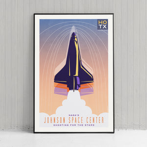 A bold graphic giclée art print of the Space Shuttle rising to the stars with the words “Visit the Johnson Space Center”. This modern style travel art poster is perfect for home decor, game room decor or office decor. The clean graphic style art makes a great gift for space lovers, NASA lovers, art lovers, and travel decor lovers.