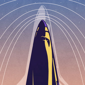Detail of A bold graphic giclée art print of the Space Shuttle rising to the stars with the words “Visit the Johnson Space Center”. This modern style travel art poster is perfect for home decor, game room decor or office decor. The clean graphic style art makes a great gift for space lovers, NASA lovers, art lovers, and travel decor lovers.