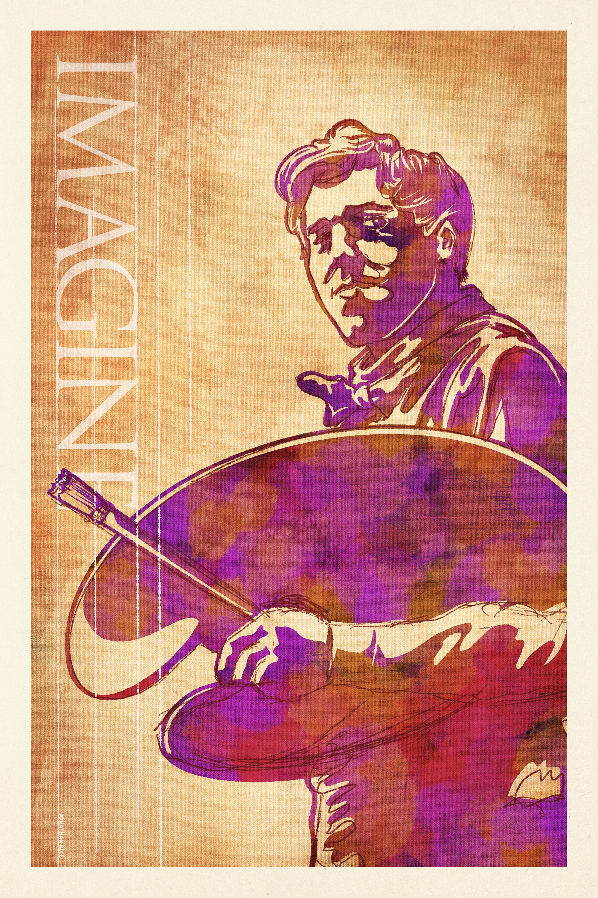Portrait of N.C. Wyeth holding his artist palette and brush and the word “IMAGINE”. The poster shows Wyeth depicted with strong colors and simple shapes with a painterly background.